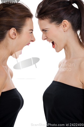 Image of two young girls angry shouting loud isolated