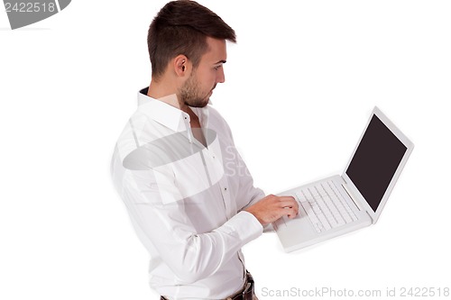 Image of young adult business man and notebook isolated 