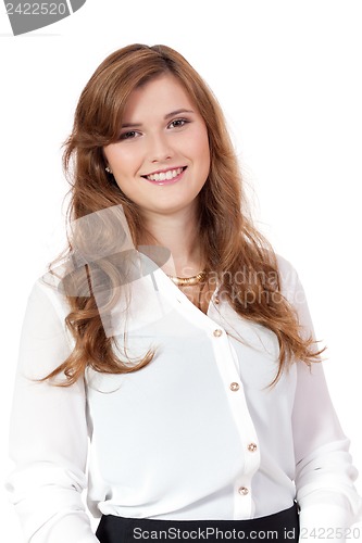 Image of brunette woman is smiling portrait isolated