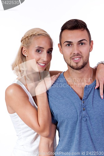 Image of young smiling couple in love portrait isolated