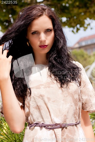 Image of beautiful brunette woman fashion outdoor in summer