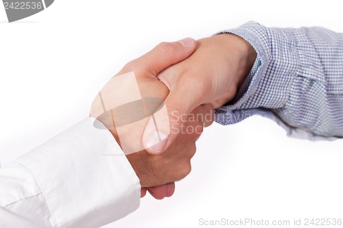 Image of business man handshake agreement closeup isolated