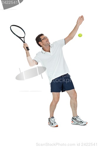 Image of smiling adult tennis player with racket isolated