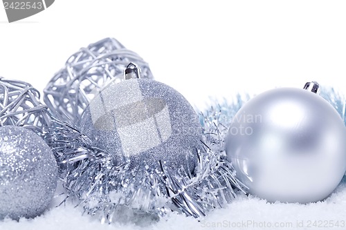 Image of glitter silver christmas baubles decoration holidays isolated