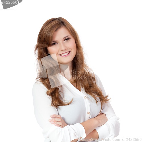 Image of brunette woman is smiling portrait isolated