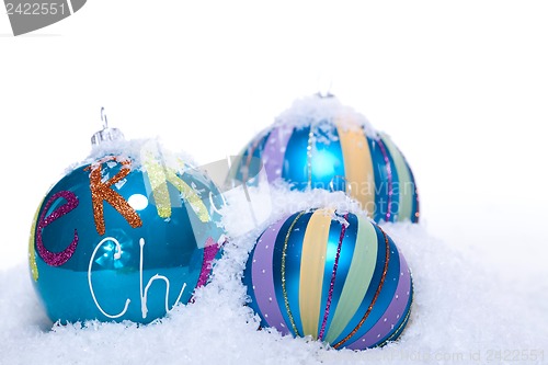 Image of christmas decoration baubles in blue and turquoise isolated