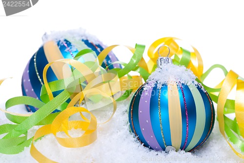 Image of christmas decoration baubles in blue and turquoise isolated