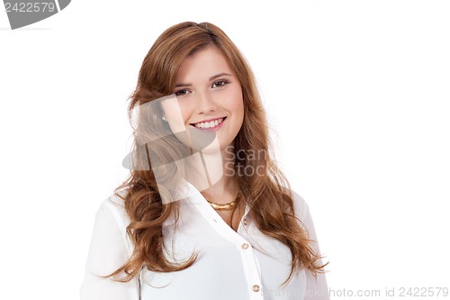 Image of brunette woman is smiling portrait isolated