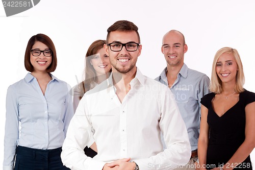 Image of young successful business team smiling portrait isolated