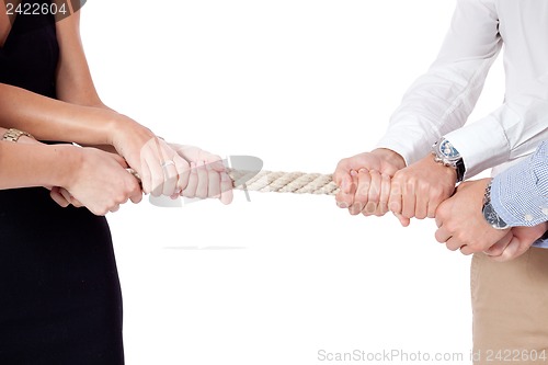 Image of business woman against businessman pulling rope isolated