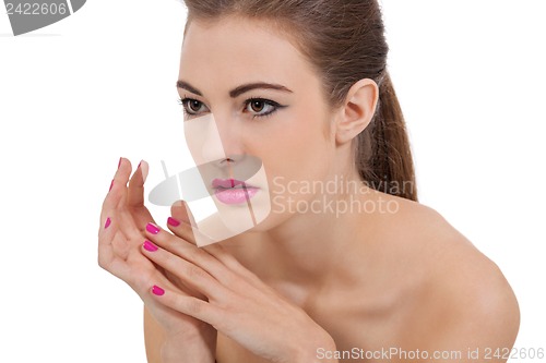 Image of beautiful brunette woman with pink lips