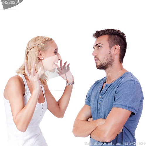 Image of young attractive couple conflict angry problem isolated