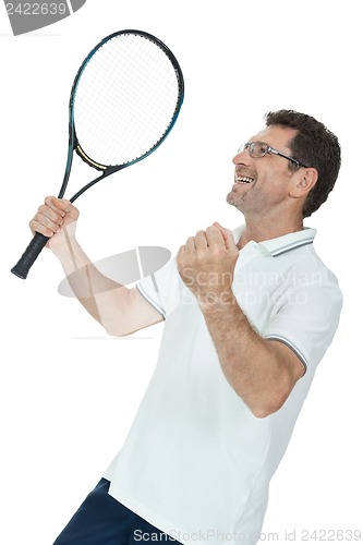 Image of smiling adult tennis player with racket isolated