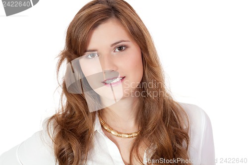 Image of brunette woman is smiling portrait isolated