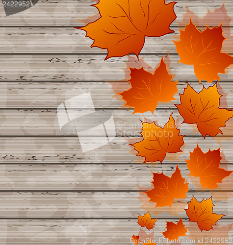 Image of Autumn leaves maple on wooden texture