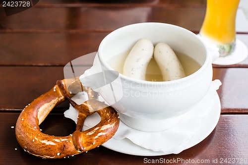 Image of Bavarian Weisswurst, Pretzel and Beer