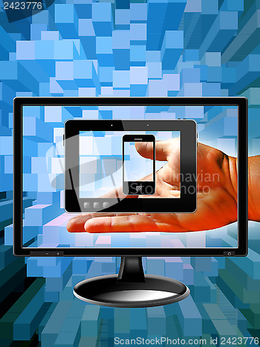 Image of hand with modern monitor, mobile phones and tablet