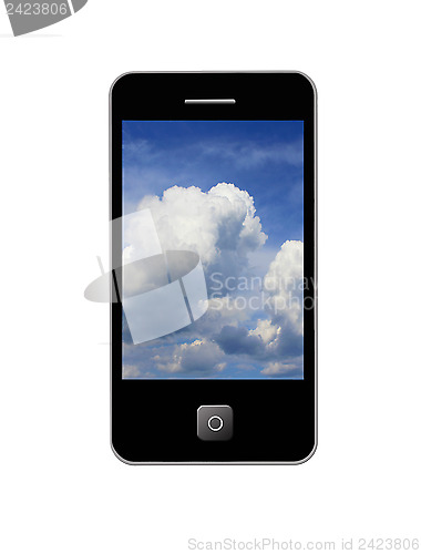 Image of mobile phone with image of picturesque clouds