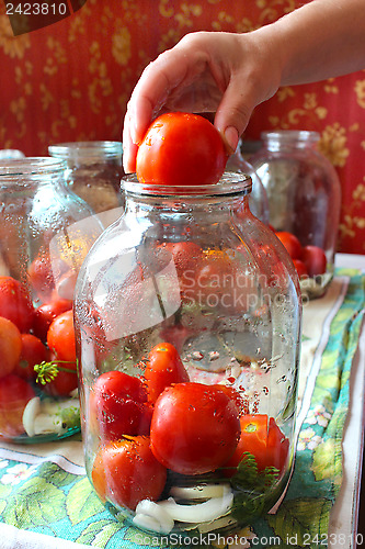 Image of tomatos in jars prepared for preservation
