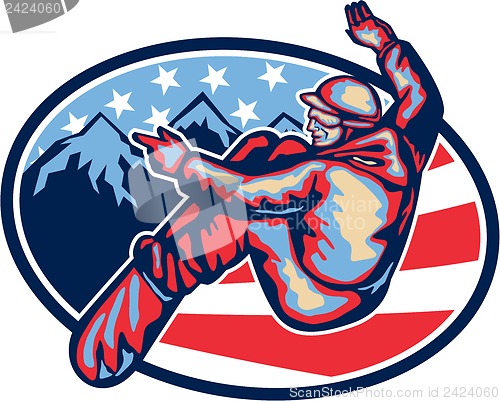 Image of American Snowboarder Jumping Snowboard Retro