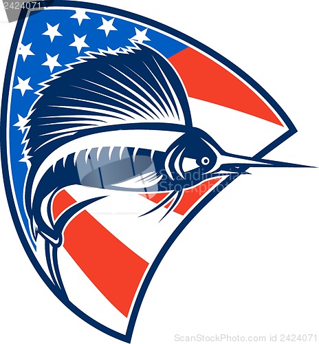 Image of Sailfish Fish Jumping American Flag Shield Retro