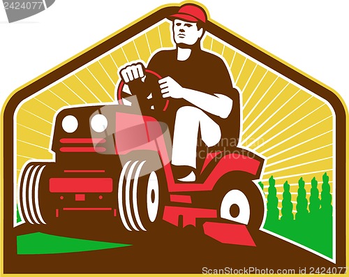 Image of Gardener Landscaper Ride On Lawn Mower Retro