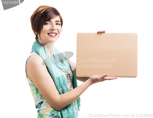 Image of Beautiful woman with a cardboard