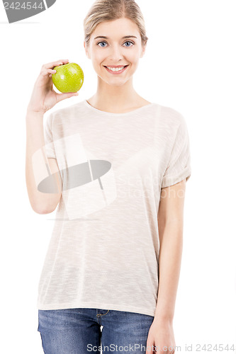 Image of Beautiful woman with a green apple