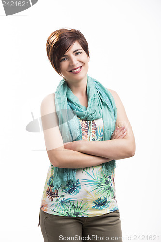 Image of Beautiful woman standing over a white background
