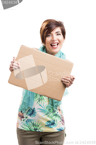 Image of Beautiful woman with a cardboard