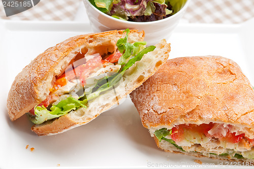 Image of ciabatta panini sandwich with chicken and tomato