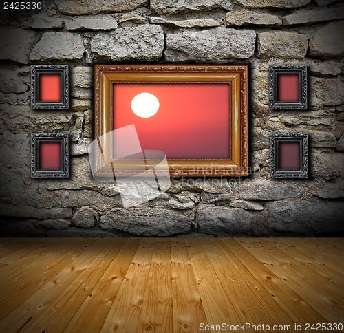 Image of grunge interior with abstract view to sunset