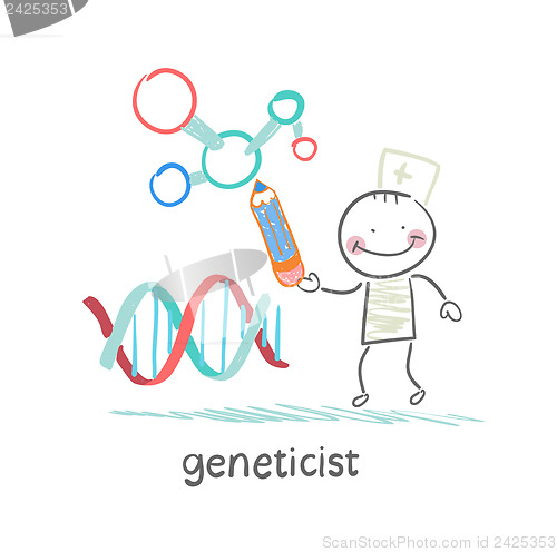 Image of geneticist pencil draws a presentation about the genes