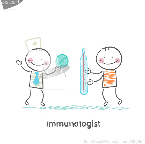 Image of immunologist gives a pill to a patient with thermometer