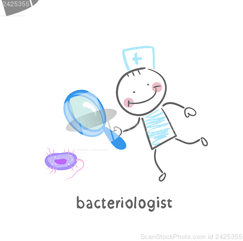 Image of bacteriologist looks through a magnifying glass on the bacterium