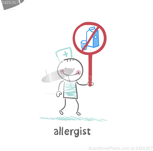 Image of Allergist holds a sign prohibiting milk
