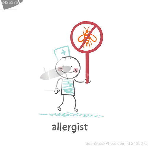 Image of Allergist holds a sign prohibiting insects