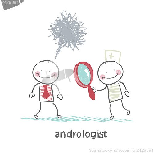 Image of andrologist looking through a magnifying glass on a patient