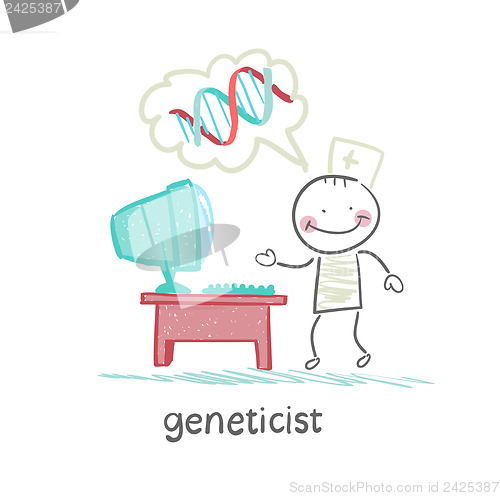 Image of geneticist  at the computer thinks about the genes