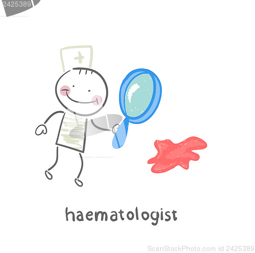 Image of haematologist looking through a magnifying glass on the blood