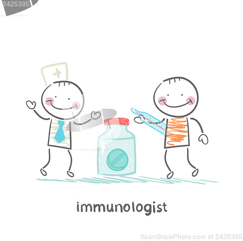 Image of immunologist giving pills to a patient with thermometer