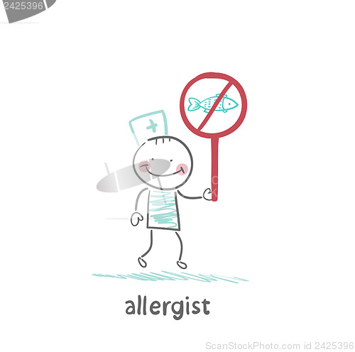 Image of Allergist holds a sign prohibiting fish