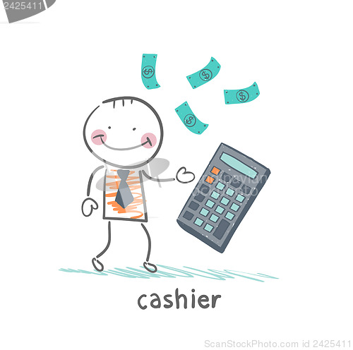 Image of cashier counts money on calculator