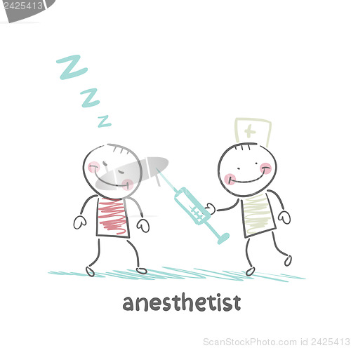 Image of anesthesiologist with syringe next to a sleeping patient