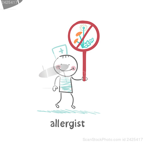 Image of Allergist holding a sign banning flowers