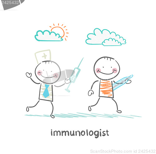 Image of immunologist runs with a syringe for a patient with thermometer