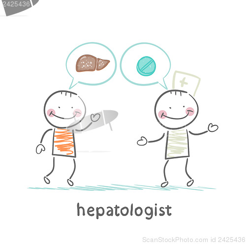 Image of hepatologist says with a patient on the liver and tablets