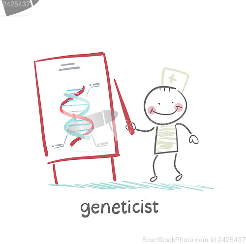 Image of geneticist tells a presentation about the genes