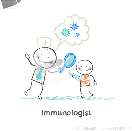 Image of immunologist looking through a magnifying glass on the patient's