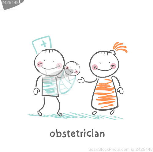 Image of obstetrician with the patient and the child